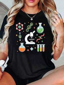 Soft, breathable, and lightweight for all-day comfortWomen's Science Lab T-Shirt With DNA, Test Tube & Microscope Print - Casual Short Sleeve Top Suitable For Science Fairs, Biology Classes - Negro - Ver 6