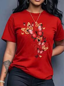 Women's Casual T-Shirt With Butterfly Print - Short Sleeves, Crew Neck, Soft Fabric, Machine Washable, Comfortable Fit For All Seasons, Casual Wear Top. |  Casual Wear | Medium Stretch - Unisex Cotton Short-Sleeved Crew Neck T-Shirt, Urban Vintage Style. - 紅色 - 查看 1
