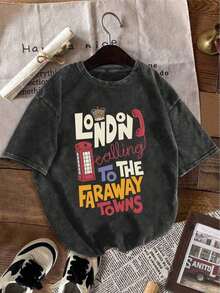 1 pieza con acabado vintage desgastado, adecuada para mujeres, corte holgado y cómodo, versátil, regalo de Navidad a la moda, camiseta de algodón puro lavado, diseño especial "Egg Tart", estampado Big Ben de Londres, camiseta de manga corta casual con lavado vintage, tops para mujeres, conjuntos de vacaciones para mujeres, 180g Algodón 100%. - Negro - Ver 1