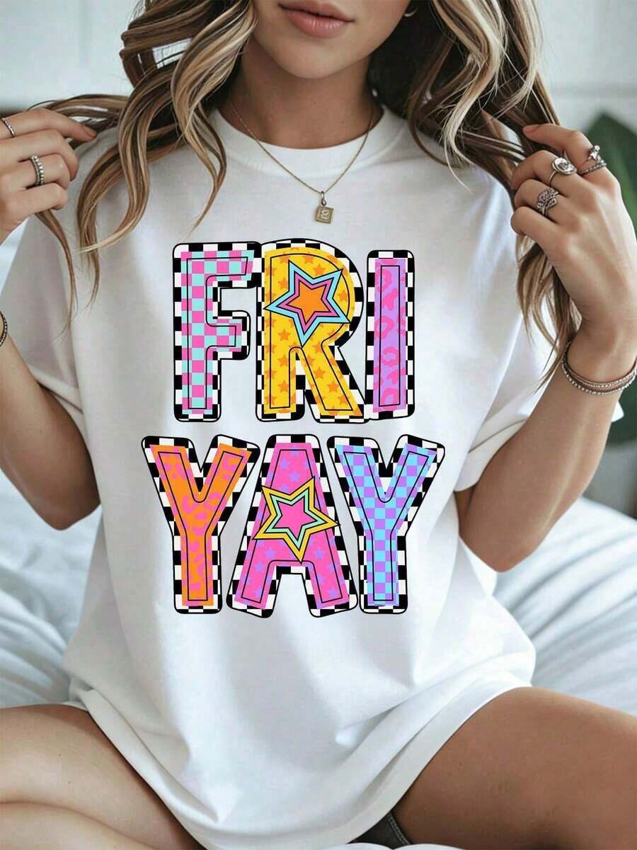 Elegante y casual para mujer, manga corta, camiseta con estampado gráfico Friday YAY, divertida para festivales, ropa casual negra, atuendo de verano. - Blanco - Ver 1