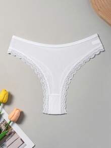 4pcs Women's White Lace Trim Ribbed Comfortable Ultra-Thin Breathable Minimalist Solid Color Thong - Multicolor - View 6