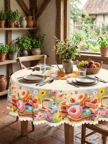 1 Piece Of Colorful Donut And Coffee Printed Tablecloth, Sweet Pastry Style Polyester Oval Tablecloth With Hot Edges, Washable And Wrinkle Resistant Tablecloth, Suitable For Kitchen And Dining Rooms, Tea Parties, Birthday Celebrations, Bridal Showers, Summer Kitchen Supplies, And Home Dining Table Decoration. - Multicolor - View 4