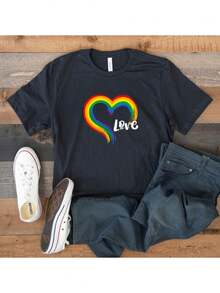 Camiseta de Mujer Oversize Extra Grande "Rainbow And Love" con Estampado Romántico y Personalidad, Cultura Arcoíris, Cuello Redondo, Manga Corta Holgada, Tela Suave y Cómoda, para el Hogar, Ocio, Viajes Diarios, Novedad de Verano, Camisetas para Salir para Mujer - Negro - Ver 10