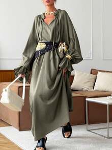 Vestido de lino estilo francés tierno 2026, cuello V, manga larga, cintura ajustada con lazos y abertura lateral, diseño elegante y delicado. - Verde - Ver 8