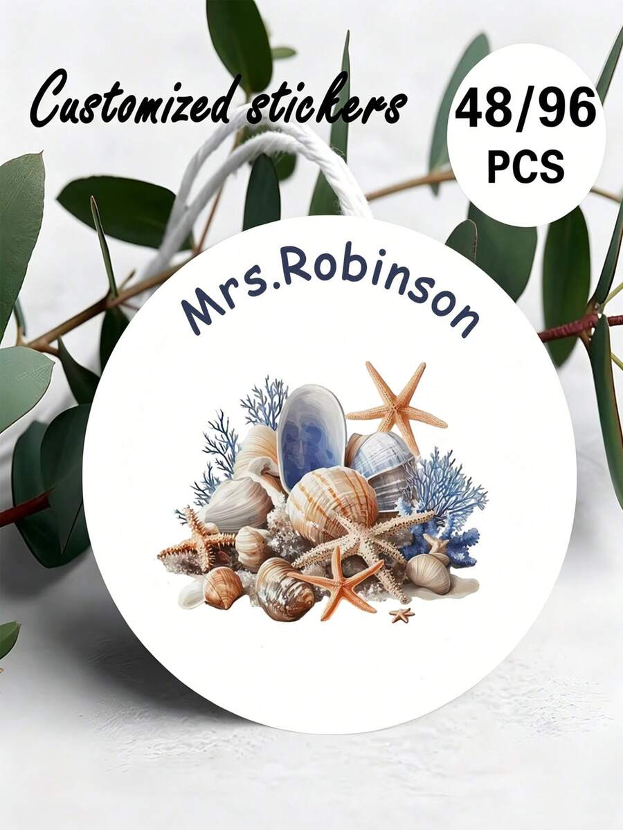 Personalized Custom Name Sticker, Custom Sea Life Round Stickers, Personalizable Starfish Shell Text Content, Featuring A Cheerful Star Design, Appropriate For Praise Notes, DIY Gift, Handmade Craft, Handwritten Style, Wedding Sticker, Gift Tag. Gift Embellishments, Diary Ornamentation, Etc. - Multicolor - View 1