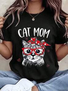 Camiseta ModaModa para Mujer con Estampado de Mamá Gato con Gafas y Lazo, Corte Regular, Cuello Redondo, Top Casual para Uso Diario, Idea de Regalo 220g - Negro - Ver 6