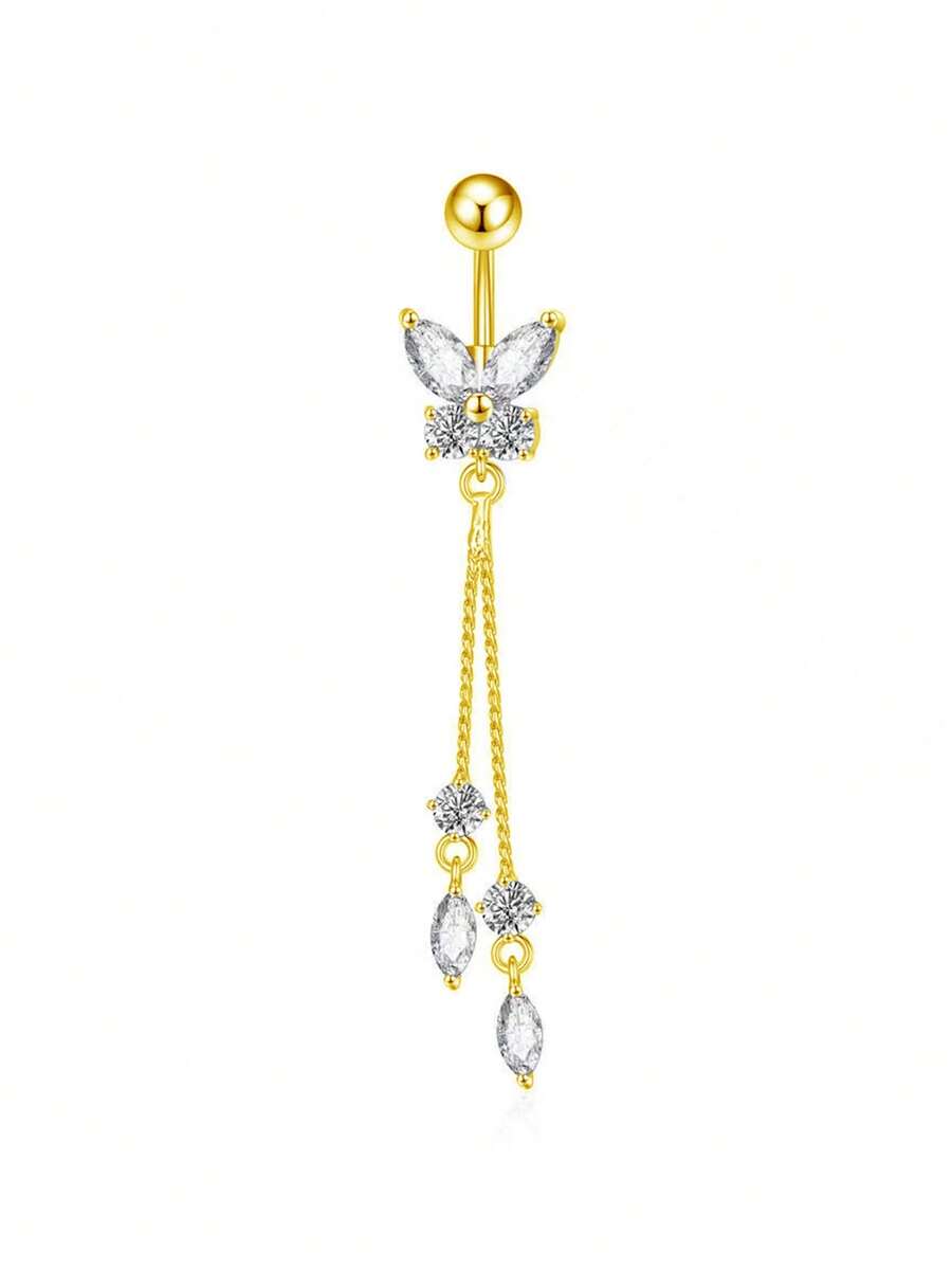 1pc Fashionable Luxury Elegant Retro High-End Exquisite Multi-Purpose Resort Style Shiny Butterfly Minimalist Navel Ring Jewelry - Gold 4 - View 1
