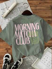 Camiseta de edición limitada con estampado gráfico, manga corta, cuello redondo, top casual para verano y primavera, ropa de mujer, algodón ligero. - Verde - Ver 1