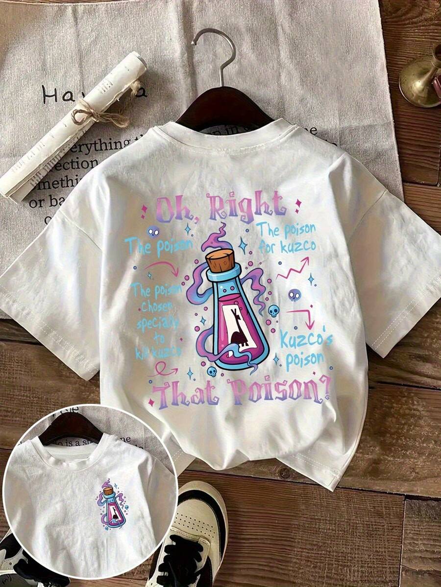 Camiseta de manga corta informal para mujer, estilo retro de los 90 con temática de "Poison" - Estampado de la poción de Kuzco y la letra de "Poison", cuello redondo, adecuada para entusiastas de la cultura pop (Camiseta con letras icónicas). - Blanco - Ver 1