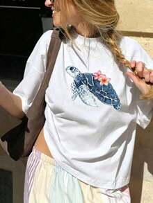 Camiseta De Manga Corta De Cuello Redondo Con Estampado De Tortuga Marina De Moda Minimalista Y VersáTil Para El Verano, Top De Mujer Elegante Para Vacaciones,Camisetas GráFicas De Verano Para Mujer - Blanco - Ver 8