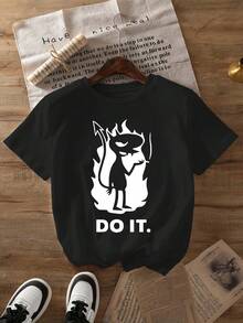 Camiseta de corte regular para mujer con estampado de dibujos animados de cuernos de diablo - Camiseta de verano de manga corta y cuello redondo con un divertido diseño de diablo sonriente, camisa casual adecuada para uso diario y fiestas temáticas. - Negro - Ver 1