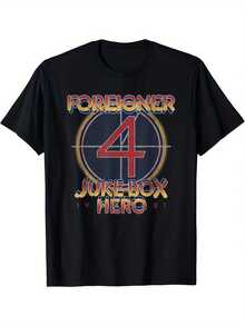 Camiseta de hombre, camiseta con estampado de héroe de jukebox, estilo bohemio, negra, de manga corta y cuello redondo, estampado vibrante, adecuada para uso casual en todas las estaciones, ideal para actividades al aire libre, regalo para fans de la música, diseño de música vintage, tela no elástica, ajuste cómodo, camisa casual para mujer, adecuada para uso diario en casa, trabajo y fiestas. - Negro - Ver 1