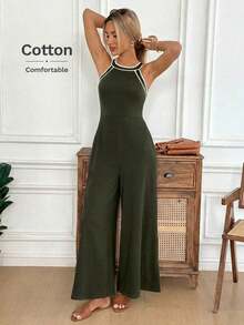 Mono de pierna ancha con contraste en el escote y la cintura, de tela de algodón cómoda, uso casual, relajado y elegante para la oficina/vacaciones para mujeres, primavera/verano - Gris - Ver 5