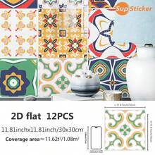 SUPSTICKER 12/36片装波西米亚风2D仿瓷砖自粘墙贴，PVC材质，防水、防油、防污、可移除，适用于厨房、客厅、浴室墙面装饰、橱柜表面翻新、装饰性防溅板，尺寸为7.87*7.87英寸/11.81*11.81英寸 - 多片裝 - 查看 14