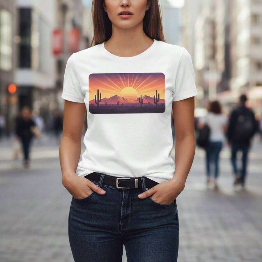 Curvy Clothing On & Retro Sunset Mexican Desert Tee - Vintage 80s Style Landscape Graphic T-Shirts For Women Y2K - 白色 - 查看 1