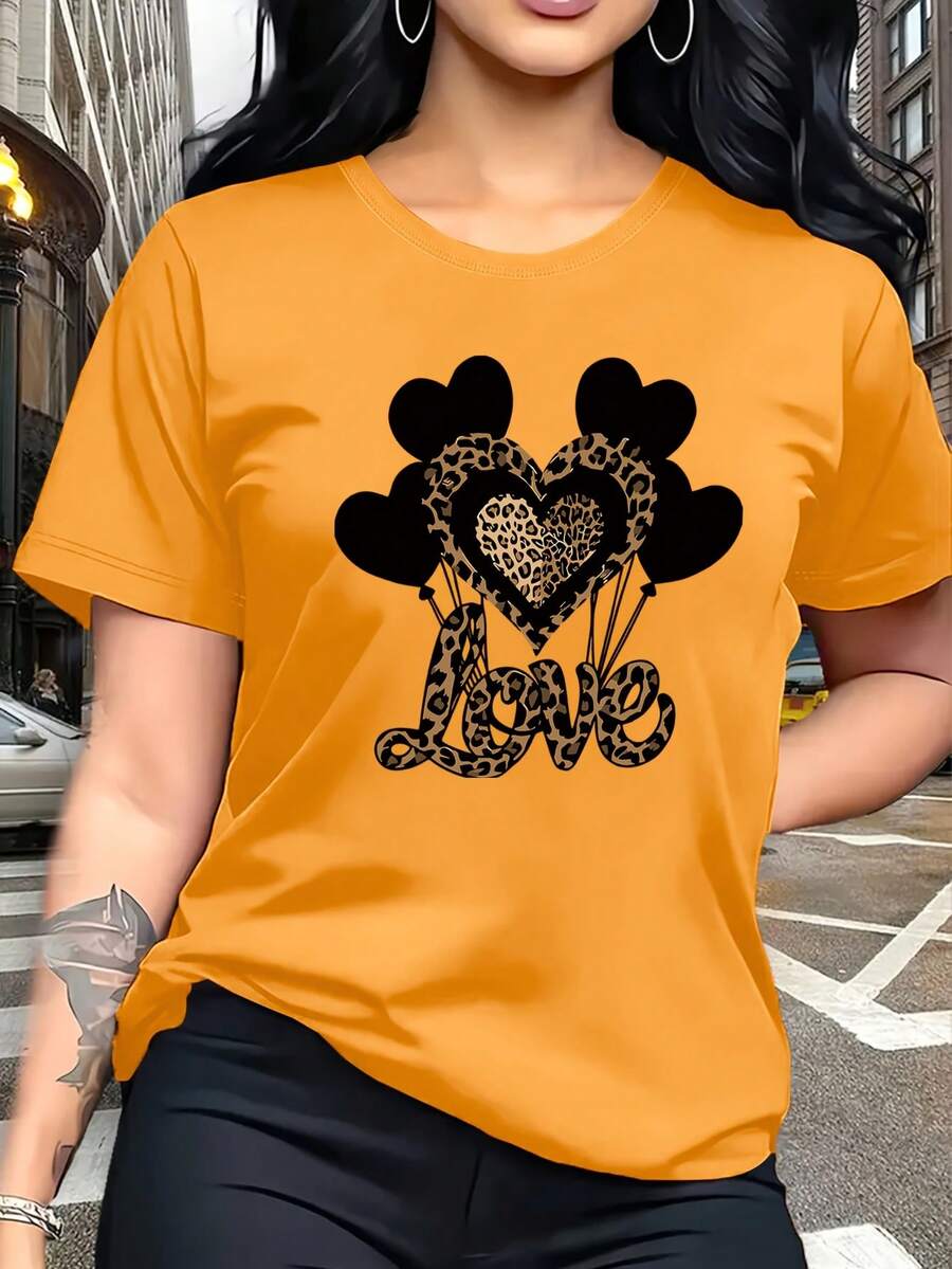 A Combination Of Wildness And Tenderness, This Black Heart-Shaped Balloon Pattern Print With Leopard Print Is Fashionable And Stylish. This Simple, Casual, Round-Neck, Short-Sleeved Women's T-Shirt Is Suitable For Activities Such As Leisure, Tourism, And Vacations. 13419 - Daily Wear, Easy To Wash And Maintain - 橘色 - 查看 1