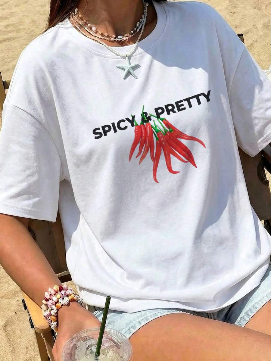 Camiseta "Spicy & Pretty" Chile Picante Estilo Mexicano Mujer | Ropa Casual Verano Playa Manga Corta - Blanco - Ver 1