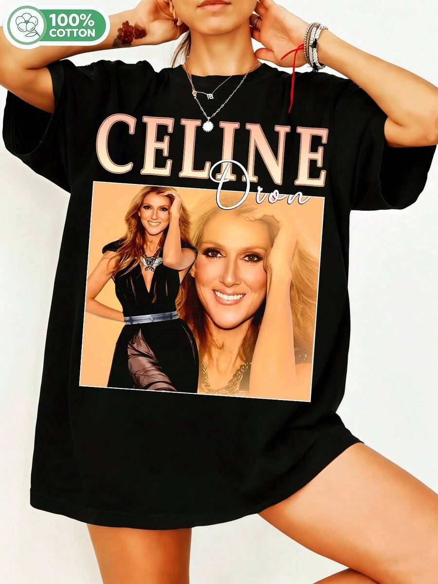 Celineee Dionnn Pop Music Star Fan Art T-Shirt, Double Portrait Collage With CELINEEE DIONNN Bold Text, Retro Bootleg Style, Unisex Oversized 100% Cotton Crew Neck Casual Streetwear Celebrity. - Black - View 1