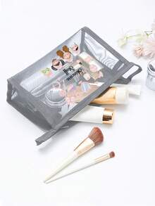Mesh Makeup Bag With Skincare Theme Pattern, Featuring "Skincare Products" Letter Pattern, Multifunctional Makeup Bag, Portable Storage Bag, Makeup Bag, Skincare Bag, Travel Essential, Dorm Supplies, Bathroom Storage, Jewelry Storage, Lip Oil And Cosmetics Storage Bag, School Supplies Bag, Makeup Bag Holiday Essential, Cosmetics Storage, Wedding Bride Gift, Mother's Day Gift, Birthday Gift, Gift For Friends And Teachers - Multicolor - View 4