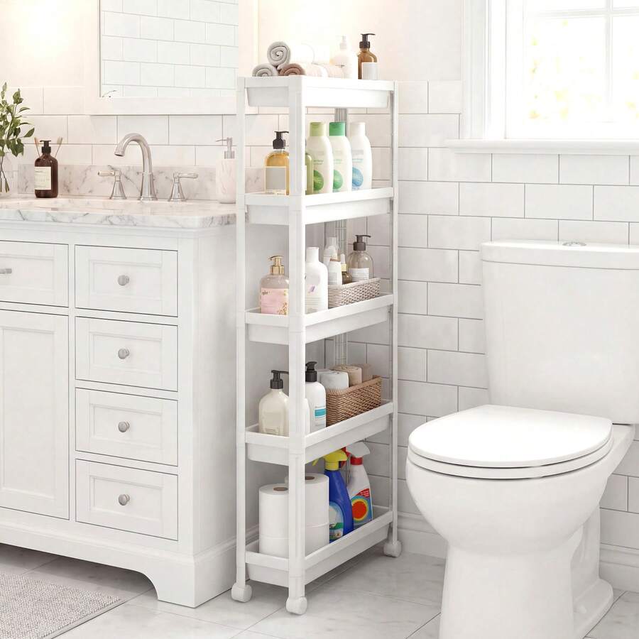 GOFLAME Space-Saving 5-Tier Utility Organizer Slim Rolling Storage Cart Plastic Storage Trolley For Bathroom Kitchen - White - View 1