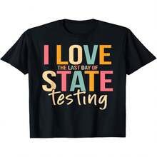 Divertida decoración exclusiva para el Día de la Independencia y el Día del Padre: Camiseta para profesores y estudiantes con la frase "Me encanta el último día del examen estatal". Fondo negro con estampado rosa y amarillo, camiseta informal de cuello redondo, regalo divertido para educadores, camiseta unisex creativa para profesores, camiseta estampada de manga corta para verano de 2026, 180 g. - Negro - Ver 1