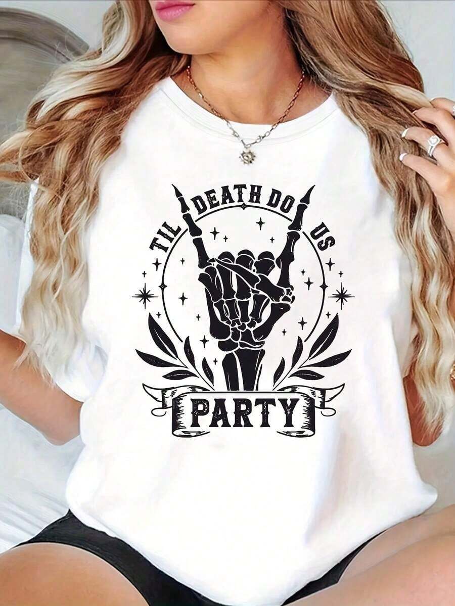 100% cotton Camiseta Rock Trendy - Estilo "Til Death Do Us Party" con Calavera y Mano Estampadas a Mano, Manga Corta, Cuello Redondo, Prenda Superior Casual para Verano y Primavera, Ropa de Mujer - Blanco - Ver 1