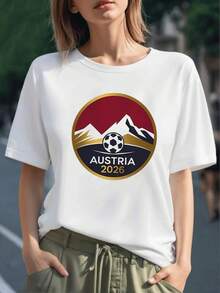 Montañas nevadas que simbolizan fuerza y superación junto a un balón que representa la pasión por el fútbol camiseta para mujer 100% algodón cómoda y moderna Austria 2026 - Negro - Ver 6