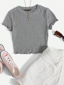 Camiseta de punto acanalado con ribete de lechuga de un solo color para salir en verano - Gris - Ver 1