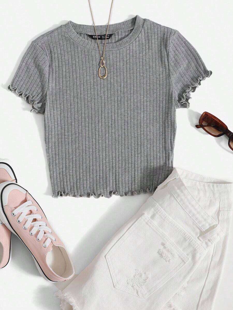 Camiseta de punto acanalado con ribete de lechuga de un solo color para salir en verano - Gris - Ver 1