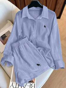 Conjunto de camisa de manga larga a rayas de un solo pecho y pantalones cortos versátiles de estilo vintage casual - Azul 2 - Ver 1