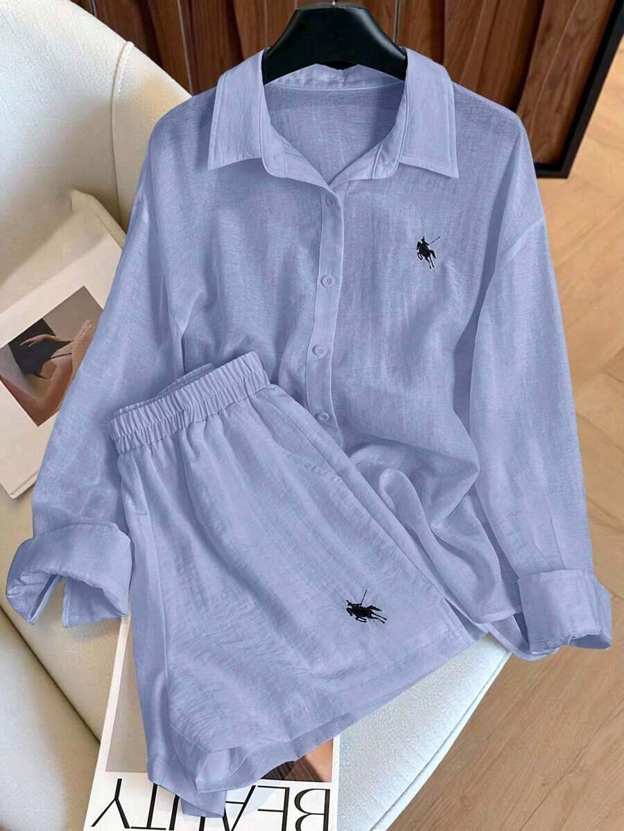 Conjunto de camisa de manga larga a rayas de un solo pecho y pantalones cortos versátiles de estilo vintage casual - Azul 2 - Ver 1