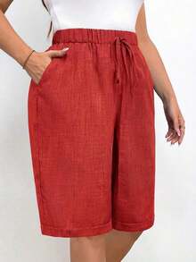 Women's Plus Size Linen Loose Fit Shorts, Solid Color, With Pocket And Drawstring Waist, Wide Leg Shorts, Modest Shorts For Vacation And Summer, Black - 橘色 - 查看 5