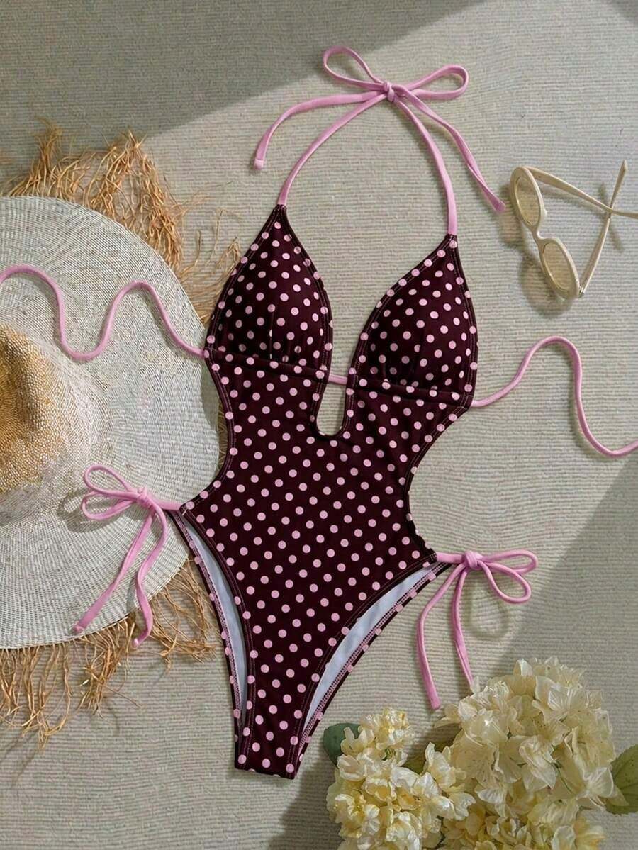 Traje de baño de una pieza con cuello en V de punto jacquard con textura y espalda descubierta, color verde oliva, adecuado para la playa.Traje de baño de una pieza negro, traje de baño de mujer con cuello halter - Multicolor 2 - Ver 1