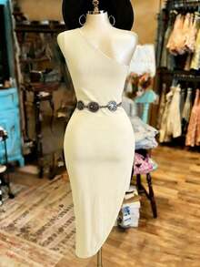 Vestido de fiesta de longitud media con diseño de abertura y cintura ceñida de unicolor elegante para mujer - Albaricoque - Ver 2