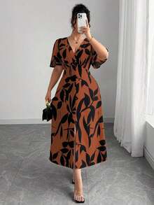 Vestido de mujer de elegancia francesa, versátil, con escote en V, cintura ceñida, línea A, decoración con botones, volante en el bajo, manga farol hasta la mitad, adecuado para ir al trabajo, negocios, casual, vacaciones, té de la tarde, festival - Naranja - Ver 7
