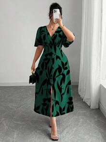 Vestido de mujer de elegancia francesa, versátil, con escote en V, cintura ceñida, línea A, decoración con botones, volante en el bajo, manga farol hasta la mitad, adecuado para ir al trabajo, negocios, casual, vacaciones, té de la tarde, festival - Verde Oscuro - Ver 7