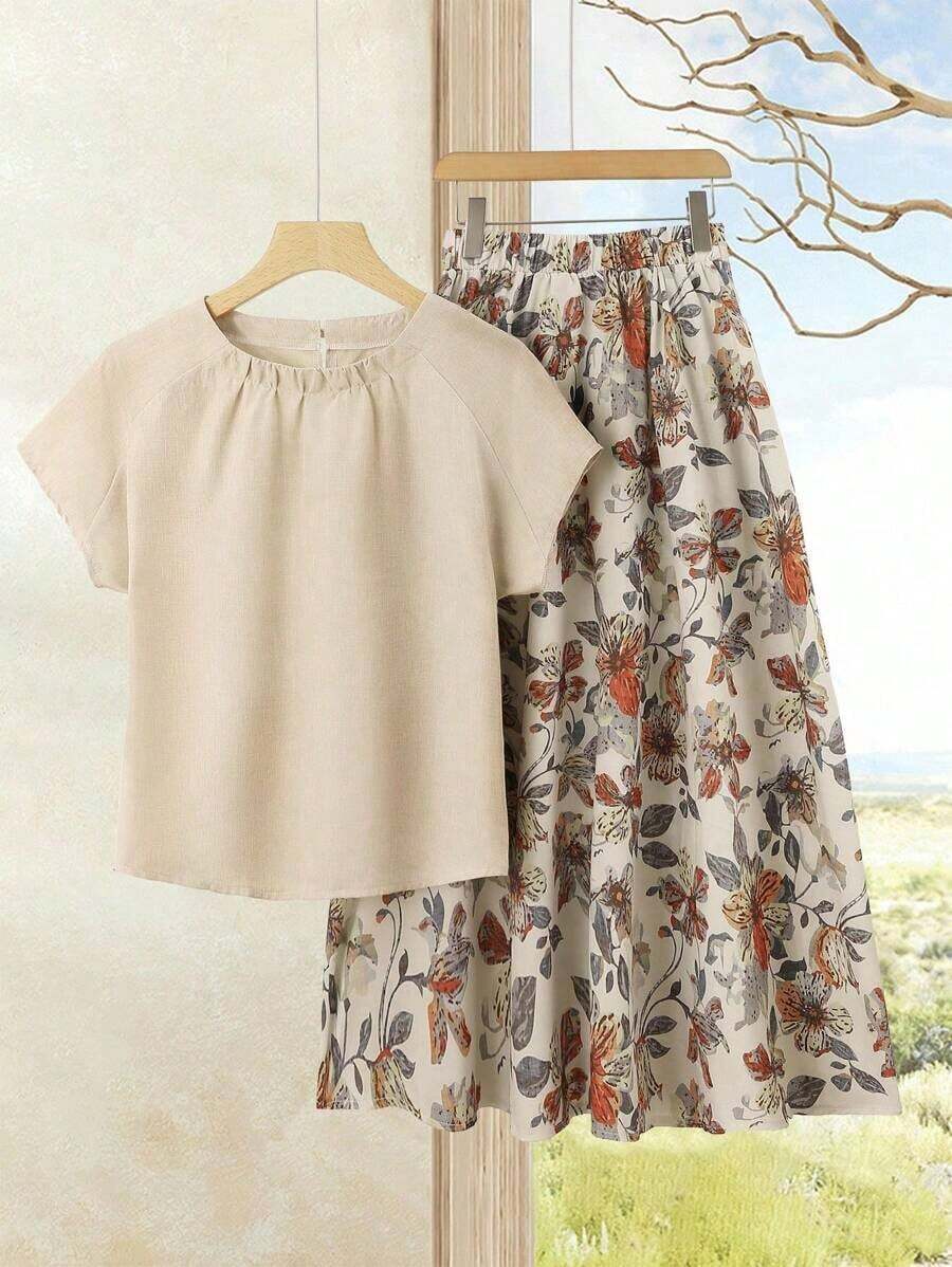 2 piezas Conjunto de top casual de unicolor + falda con estampado geométrico blanco y negro para vacaciones de mujer, Conjunto de ropa de verano para mujer, Conjunto de falda y top de verano, Conjunto de falda y top de mujer, Conjunto de falda - Multicolor 9 - Ver 1