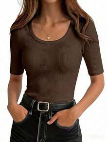 Nueva Ropa 2026 Selamara, Camiseta Casual de Manga Corta para Mujer en Color Sólido, Versátil para el Verano - Marrón - Ver 4