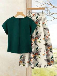 Set de 2 piezas Blusa de unicolor + Falda estampada con flores moradas de estilo casual de vacaciones para mujer, Conjunto de verano para mujer, Conjunto de falda y blusa, Conjunto de falda y blusa para mujer, Conjunto de falda estampada de pri - Multicolor 4 - Ver 2