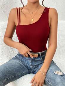 Top unicolor de cuello asimétrico tejido de canalé - Rosa Roja - Ver 6