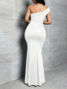 Vestido de un hombro de muslo con abertura - Blanco - Ver 2