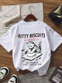 1 pieza de camiseta de verano para mujer con cuello redondo y manga corta, blusa con estampado de gato en inglés, adecuada para verano, playa, calle, uso diario, trabajo, fiesta de oficina, salida, carnaval, festival de música, día de San Valentín, ocasiones festivas. Camisa de estilo moderno para mujer, ropa de vacaciones para damas. Ropa de oficina elegante, blusas bonitas, atuendo de vacaciones para mujer, vestido para una cita nocturna, blusa elegante para damas, ropa casual de verano, atuendo de resort para mujer. AlgodónPuro-Blanco - Blanco - Ver 4