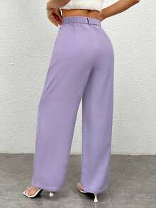 Pantalones holgados y casuales de pierna ancha con bolsillo, unicolor para mujeres - Morado - Ver 2