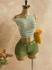Nuevo conjunto casual de 2 piezas para mujer con hombro asimétrico, textura esponjosa, estampado floral y espalda descubierta, ideal para vacaciones, boda, graduación, Día de San Patricio, primavera, festival de música, elegante estilo boho tropical - Verde - Ver 4