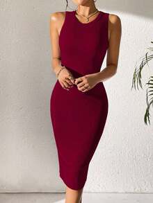 Vestido casual de mujer de unicolor, acanalado y ajustado sin mangas - Burdeos - Ver 6