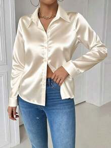 Blusa de mujer de manga larga ajustada con bolsillo y cuello casual en color blanco - Albaricoque - Ver 4