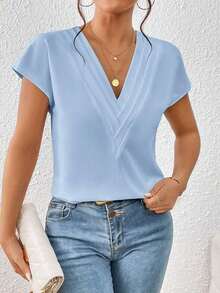 Blusa de mangas de murciélago sólidas, cuello en V, blusas de manga corta - Celeste - Ver 3