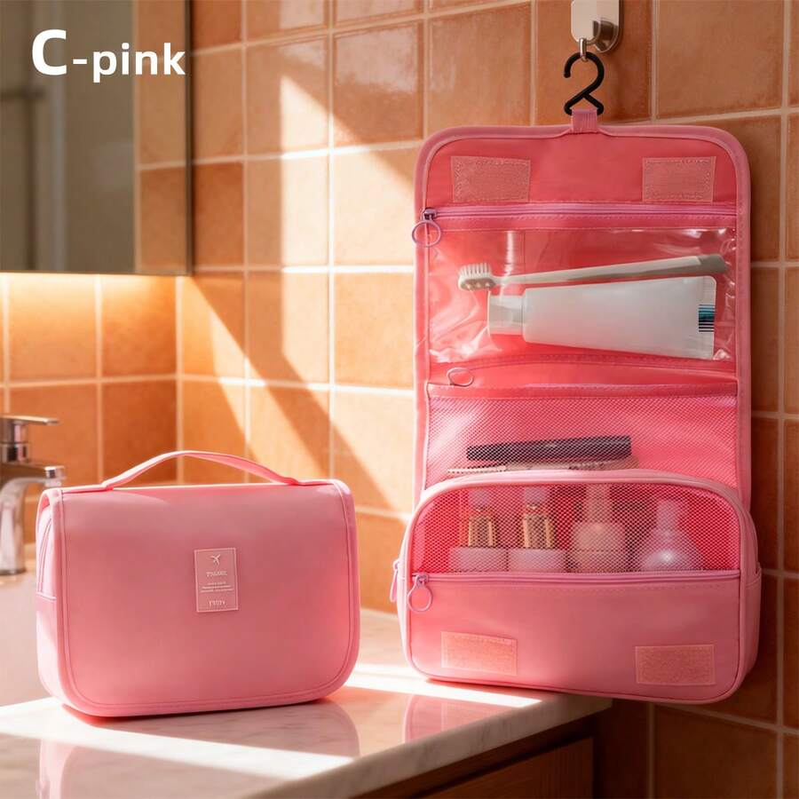 1pc Fashion Portable Cosmetic Bag, New Travel Large Capacity Waterproof Toiletry Organizer - C Pink - View 1