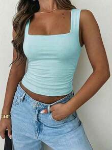 Camiseta sin mangas ajustada de unicolor con cuello cuadrado para mujer , Chaleco de unicolor minimalista y retro, Camiseta de punto sin espalda de moda de verano, Versátil y casual, Adecuado para el trabajo y el transporte - verde menta - Ver 5