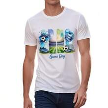 100% Coton Unisexe "Jour de Match" T-shirt graphique aquarelle de soccer, Portée quotidienne, T-shirt noir élégant pour homme, T-shirt de base grande taille, Portée extérieure, Top décontracté, T-shirt imprimé - Blanc - Voir 11